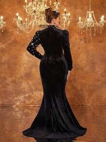 Glamrae 大码优雅华丽黑色天鹅绒不对称镂空手工订书珍珠长袖高开叉鱼尾拖尾哥特式万圣节舞会厚重晚礼服、正式礼服，适合婚礼嘉宾、毕业典礼、晚宴
