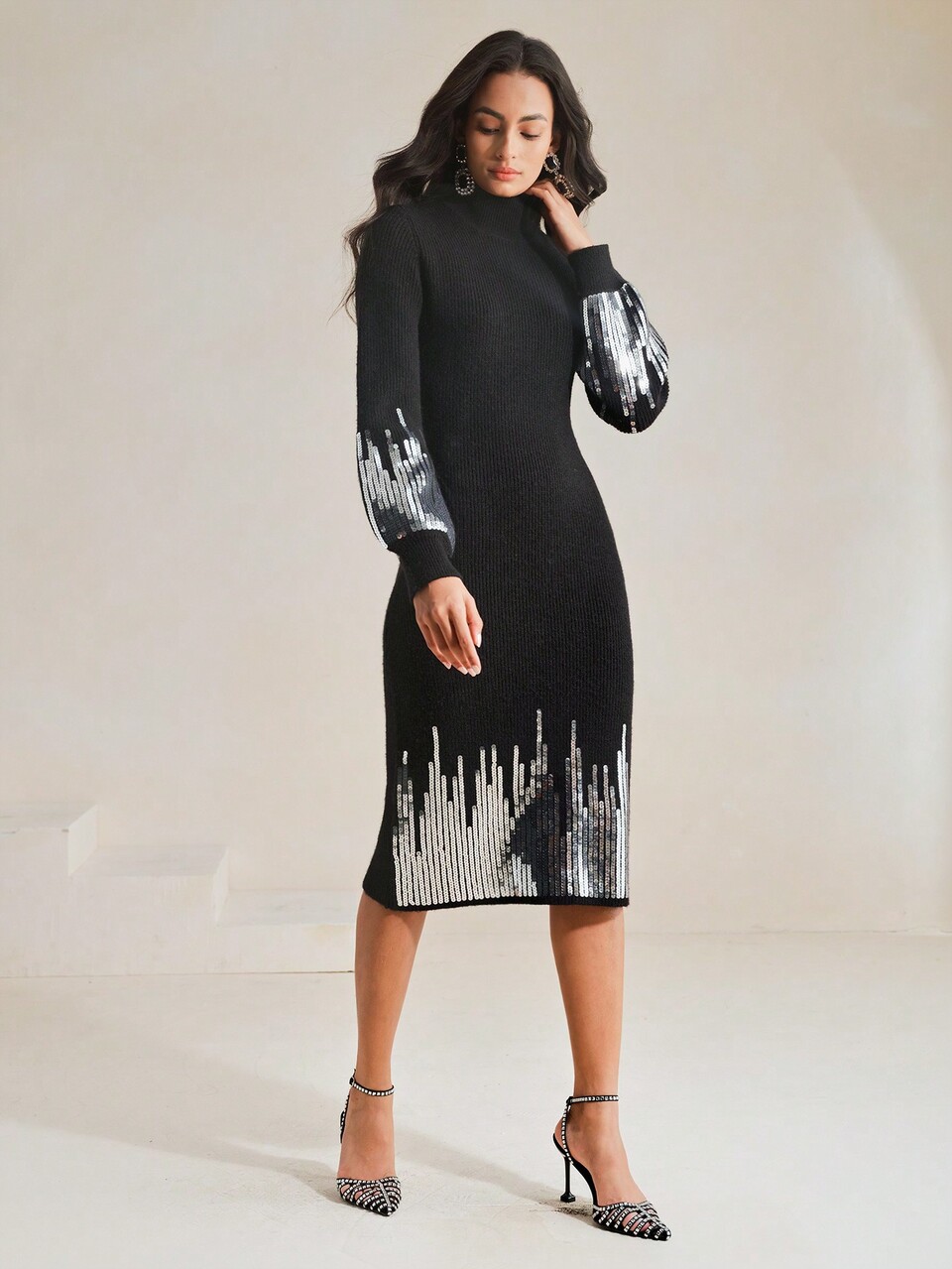 Women's Casual Sequins Embellished Turtleneck Long Sleeve Dress