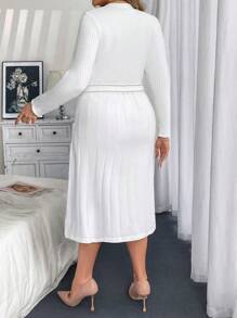 Flirla Plus Size Button Front Knit Sweater Dress, Spring Autumn, For Winter - White - View 2
