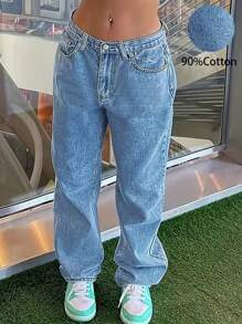 Women's All-Match Straight-Leg Jeans, Casual Y2K Style, Versatile For All Seasons - Medium Wash - View 4