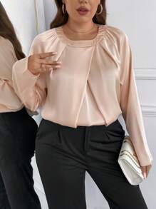 SHEIN Frenchy Plus Size Women Solid Color Round Neck Pleated Long Sleeve Elegant Blouse, Autumn - Dusty Pink - View 4