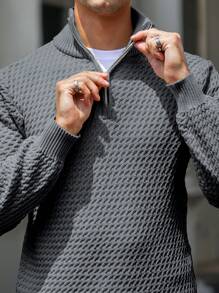 Manfinity Homme Men's Solid Color Long Sleeve Casual Quarter Zip Sweater, Autumn/Winter, Men Grey Sweater, Men Pullover Sweater, Grey Knit Sweater, Men Knitwear, Men Zipper Sweater