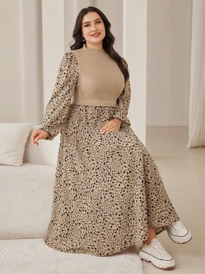 Modelyn 大码碎花立领长袖连衣裙