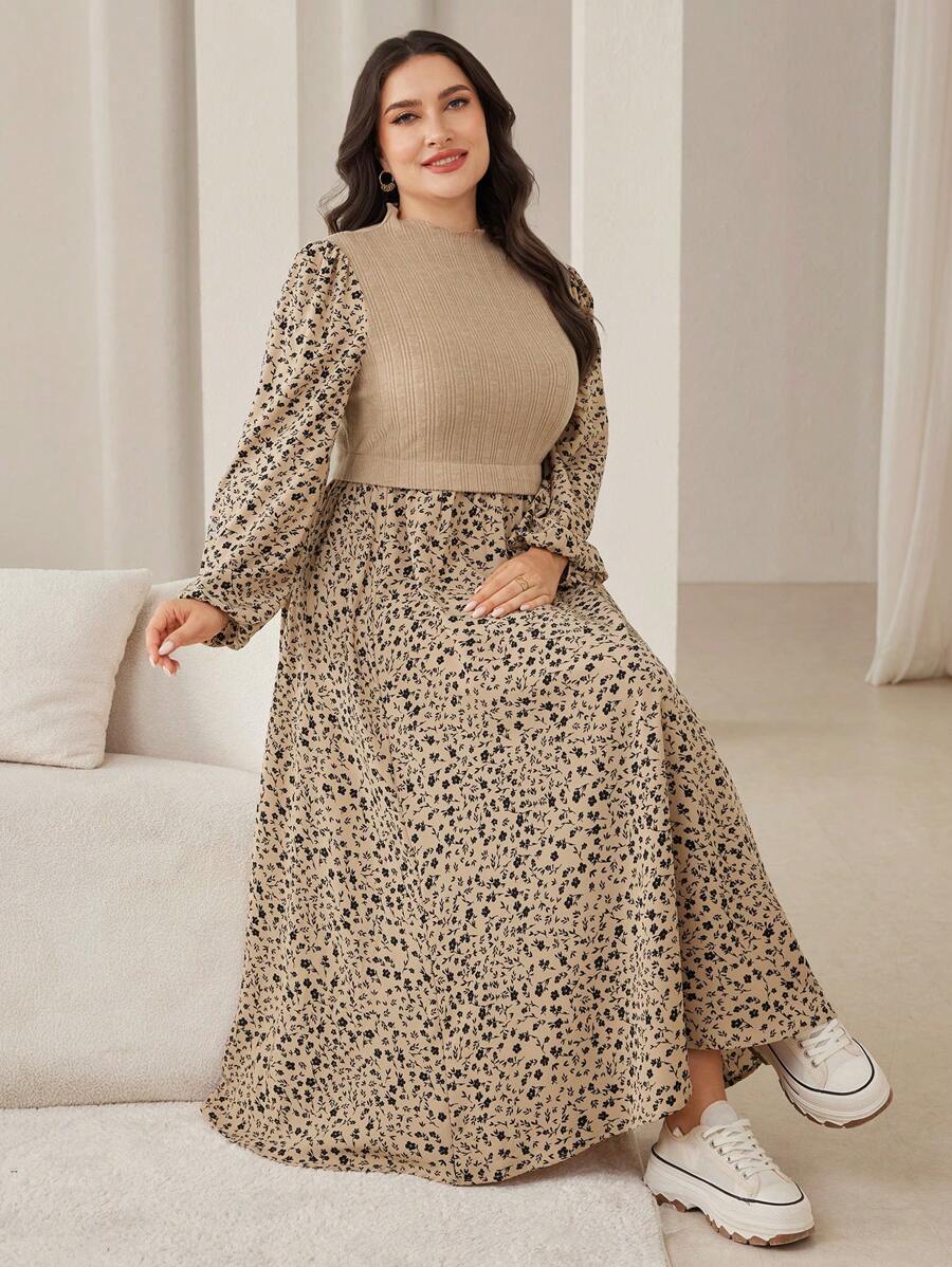 Modelyn 大码碎花立领长袖连衣裙 - 彩色 - 查看 1