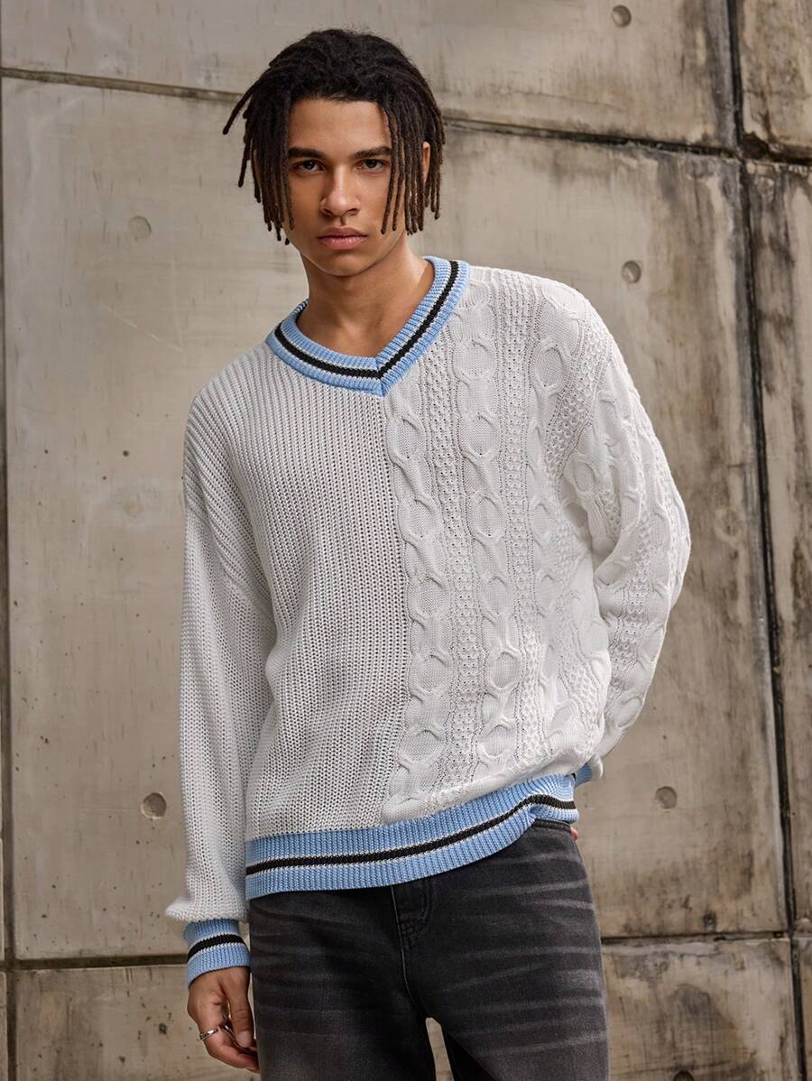 Forever 21 Men's Oversized Cable Knit Cricket Jumper In Blue With White Fall/Winter - White - View 1
