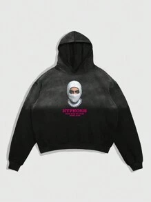 ROMWE MEN Street Life Men's Casual Figure & Acid-Washed Hooded Sweatshirt, Spring/Autumn - Black - View 2