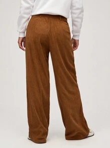 SHEIN BASICS Women Casual Solid Color Woven Loose Fit Pants With Pockets - Coffee Brown - View 2