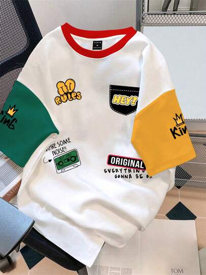 Claim Dot 男士夏季休闲趣味拼色字母印花短袖 T 恤，适合外出、朋友聚会