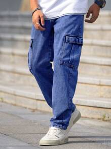 Manfinity Homme Celana Jeans Kargo Longgar Pria Warna Polos dengan Saku Tempel, Potongan Lurus Kasual - Medium Wash - View 3