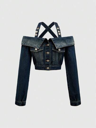 Fairycore Women's Retro Y2K Style Off Shoulder Halter Denim Jacket