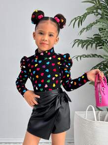 SHEIN Leap Crew SLAYR KIDS 2pcs/Set Young Girls Urban Chic Knit Crew Neck Long Sleeve Top & PU Leather Shorts, From NOVA Store, For Christmas - Black - View 1