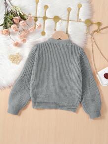 SHEIN Jonge meisjes en jonge meisjes vesten in beige, wit, lichtgeel, abrikoos, comfortabel en warm met creatief oorhaakpatroon, eenvoudig en veelzijdig, lantaarnmouw, V-hals, geribbelde manchetten, modieus en nieuwe stijl, geschikt voor alle seizoenen, mooi en elegant, perfect voor buiten, school en dagelijks gebruik, lichtgewicht en comfortabel gebreid trui-jack - Grijs - Bekijken 2