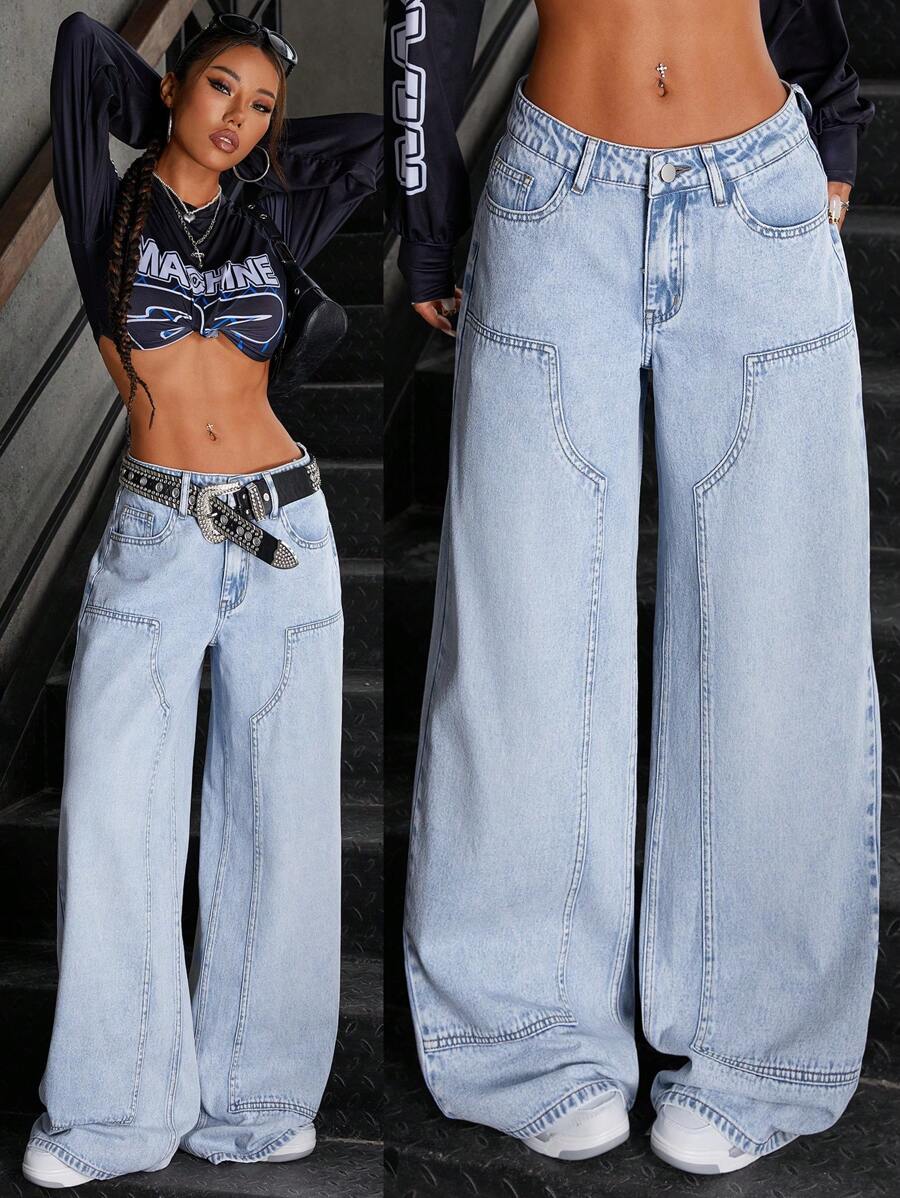 SHEIN ICON Quần Jeans Denim Ống Rộng Túi Rộng Thường Ngày Đa Năng Cho Nữ - Rửa nhẹ - Xem 1