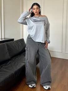 SHEIN EZwear 大码休闲宽松直筒灰色牛仔裤 - 灰色 - 查看 3