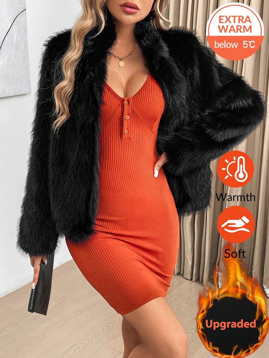 SHEIN LUNE Women's Fashionable Solid Color Fluffy Jacket For Autumn & Winter - Black - View 1