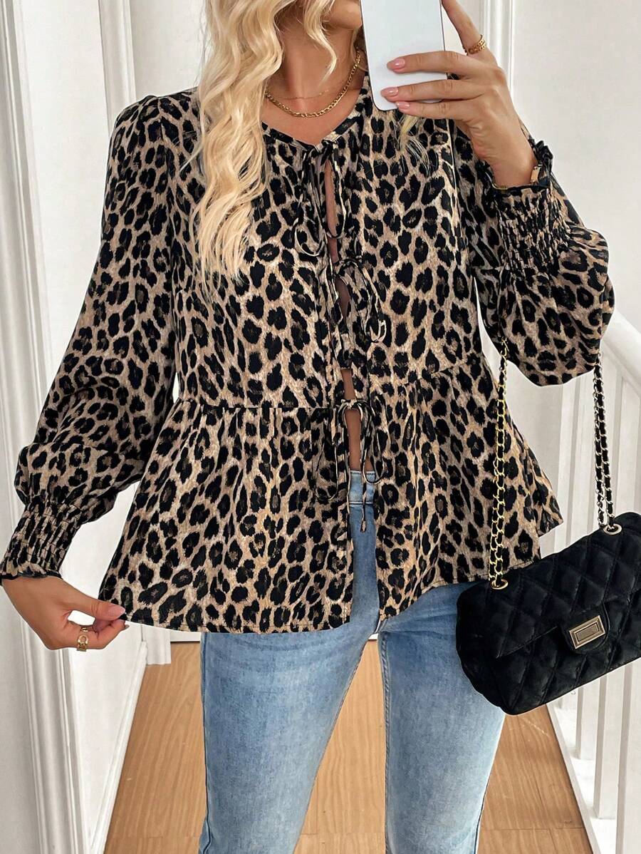 SHEIN PETITE Petite Women's Spring/Autumn Front Tie Design Leopard Print Long Sleeve Blouse Peplum Top - Khaki - View 1