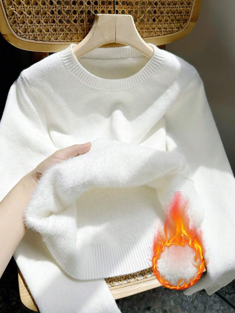 Chiquease 全新蓬松保暖圆领保暖内衬长袖毛衣，女式，长袖上衣