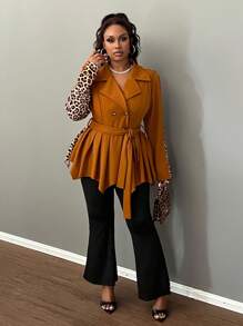 Slaydiva Plus Size Women's Elegant & Casual & Party Windbreaker Jacket, Collared, Ruched Asymmetric Hem, Solid Color & Leopard Print Patchwork, With Belt, Suitable For Autumn/Winter - Brown - View 3