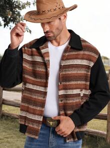 Manfinity RSRT Men's Knit Contrast Color Casual Jacket, Youthful ,Western Cowboy Denim Jacket ,Men Jacket ,Fall Men Clothes