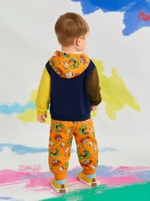 Nick 90s X SHEIN Tuta da 2 pezzi composta da felpa con cappuccio e pantaloni garzati a blocchi di colore con grafica di dinosauro per bambini maschi