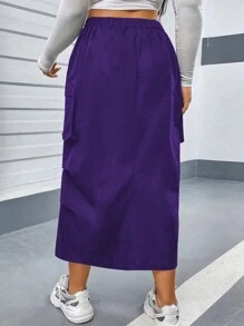 Flirla Plus Size Women Solid Color Pleated Straight Loose Casual Long Cargo Skirt Maxi Women Outfit