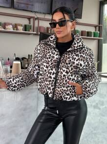 EURMUSE LEOPARD PRINT ZIP UP ELASTICAL WAIST Padded Coat - White - View 5