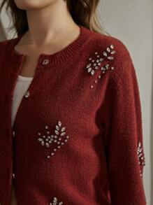 Anewsta Women's Autumn Long Sleeve Hand-Embroidered Diamond Decorated Knit Cardigan For New Year Clothes