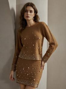 Anewsta White Heavy Pearls Knit Pullover Top & Skirt Set - Coffee Brown - View 5