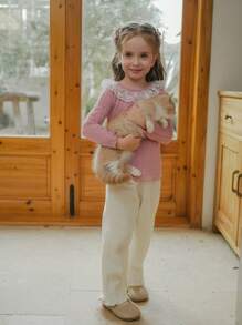 SHEIN Vintaside Kids Small Girls Corduroy Fabric Pants With Ruffle Trim, Casual Comfortable Versatile For Fall & Winter - White - View 1