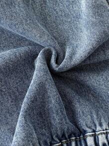 SHEIN 男婴街头凉爽保暖石洗补丁连帽长袖宽松蓝色牛仔保暖衬里泰迪夹克，适合男婴秋冬装