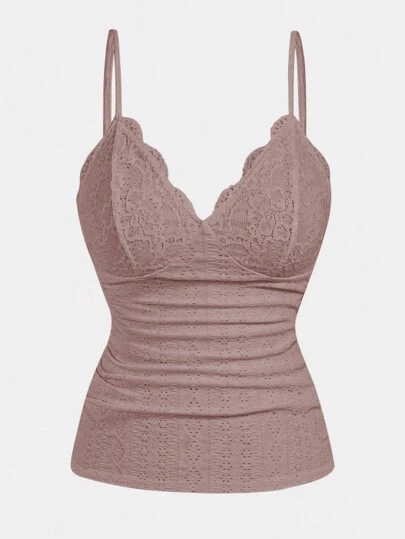 Sweetra Plus Size Women Solid Lace Bustier Bust Ruched Slim Fit Schiffy Cami Top , Summer