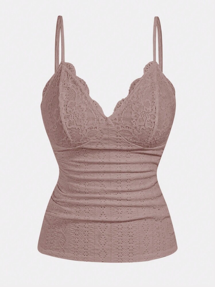 Sweetra Plus Size Damer Solid Spets Bustier Byst Ruched Slim Fit Schiffy Cami Top , Summer - Rosa - Visa 1