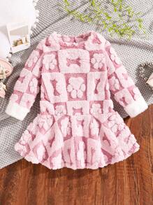 SHEIN Robe à manches longues pour jeunes filles, avec décoration de poignets en forme de patte de chat en polaire corail, nouveau style automne/hiver