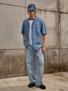 Forever 21 Men's Oversized Vintage Casual Style Studded Pocket Blue Washed Denim Shirt (Medium Wash) For Summer And Fall - Medium Wash - View 3