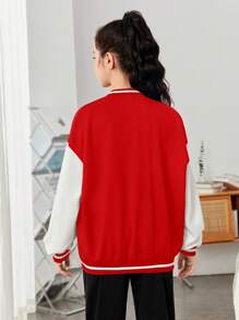 SHEIN 少女字母拼布印花长袖休闲夹克 - 紅色 - 查看 2