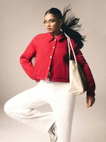 Athîral Women Casual Solid Color Short Jacket, Winter - Red - View 4