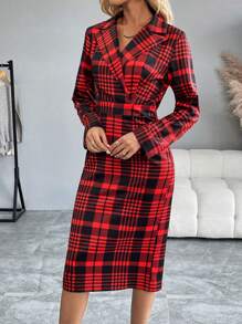 SHEIN Clasi Casual Plaid Lapel Waisted Dress, Autumn/Winter