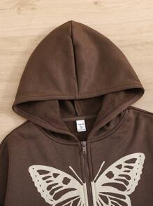 Teen Girl Butterfly Print Front Open Sweatshirt With Thermal Lined, Casual Long Sleeve In Fall/Winter - Brown - View 4