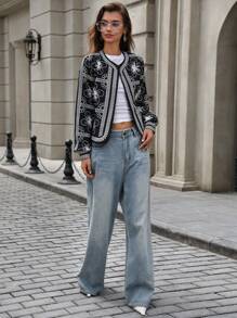 EMERY ROSE 女式复古花卉波西米亚风撞色时尚设计复古风格长袖棉衣外套冬季 - 黑與白 - 查看 6