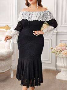 Modelyn Plus Size Women Ruffle Contrast Lace Fishtail Hem Sexy Dress Long Evening Dresses - Black - View 4