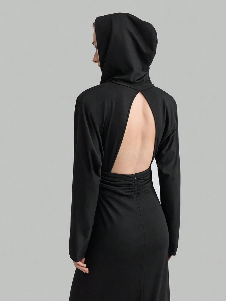 New Year, Women's Mock Neck Backless Black Business Casual Unique Wide Strap Knit Fabric Tall Girls Necessary Long Sleeve V-Neck Hooded Fitted Dress