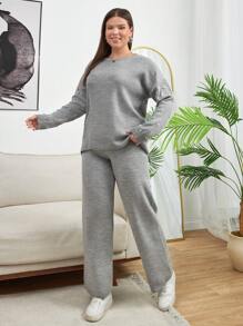 SHEIN Cottnline Plus Size Women Faux Pearl Detailed Sleeve Sweater And Pant Two Pieces Outfit Sets - Grey - View 5