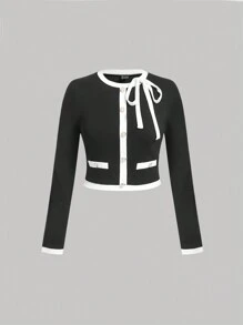 SHEIN MOD 大码黑白拼布蝴蝶结装饰复古甜美衬衫