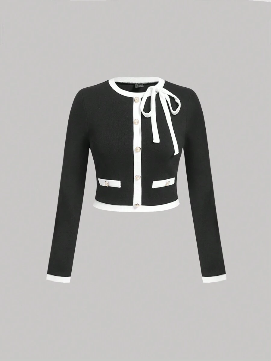 SHEIN MOD 大码黑白拼布蝴蝶结装饰复古甜美衬衫