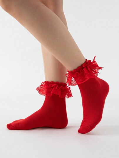 Women Plain Color Bow Decor Lace Panel Casual Mid-Calf Socks
