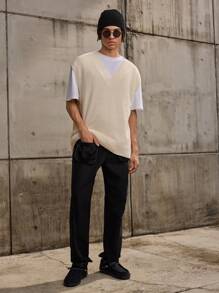 Forever 21 Men's Casual Style Relaxed Super Oversized Knitted Sweater Vest In ,Suitable For Autumn And Winter Wear - Beige - View 3