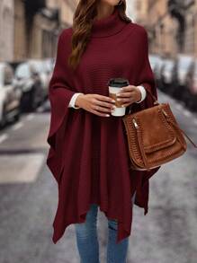 SHEIN Clasi 休闲纯色高领斗篷毛衣，秋冬 - 酒紅色 - 查看 5