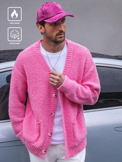 Manfinity Homme Men's Casual Solid Color Double Pocket Cardigan, Autumn/Winter Plain Drop Shoulder Hot Pink Chunky Casual Urban Cardigan, For Husband, Boyfriend Gifts, Long Sleeve Top