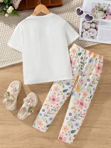 SHEIN 2pcs Young Girl Cartoon Character Print Short Sleeve Top And Flower Pattern Long Pants Set, Casual Wear For Winter - Multicolor - View 2