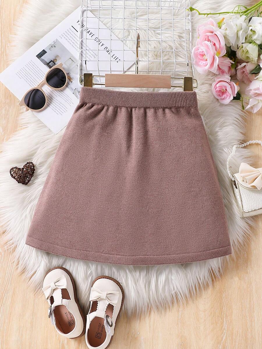 Young Girl Solid Color Mid-Length Sweater Skirt, Fashion Casual Brown High Waist Knit A-Line Skirt - Brown - View 1